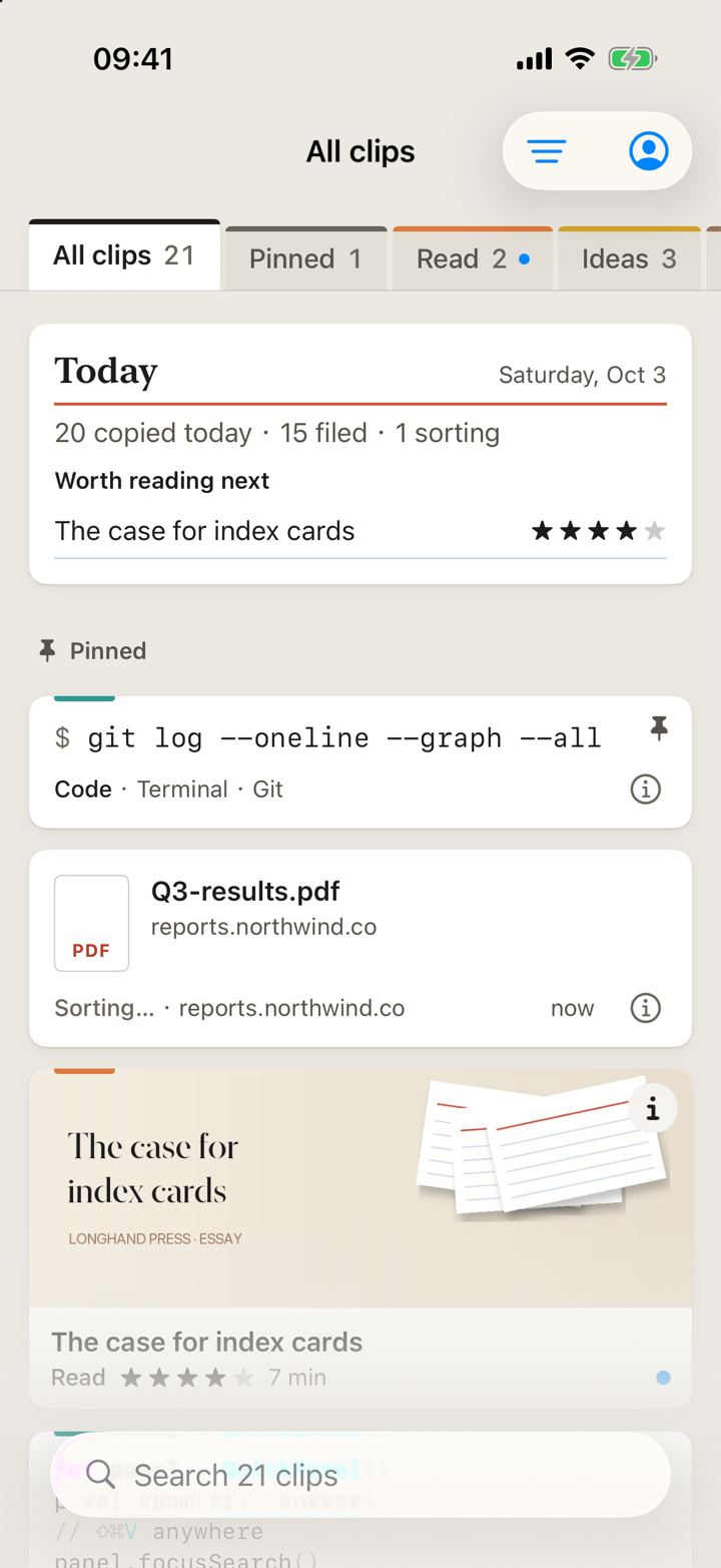 The Shelfclip iPhone app: All clips with the shelves across the top (Read, Ideas, Reference, Prompts), the Today card, a pinned git command, a PDF being sorted and an article on Read.
